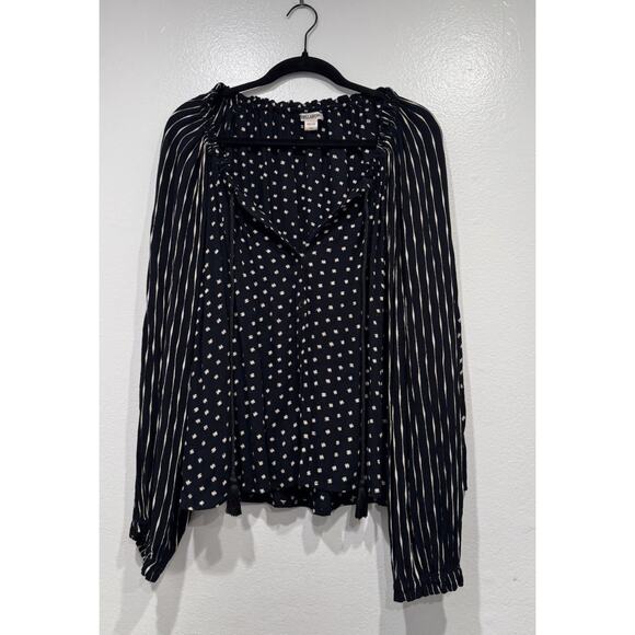 Billabong Black Mixed Print Stripe Polka Dot Blouse Size Large Long Sleeve Boho - Picture 1 of 9
